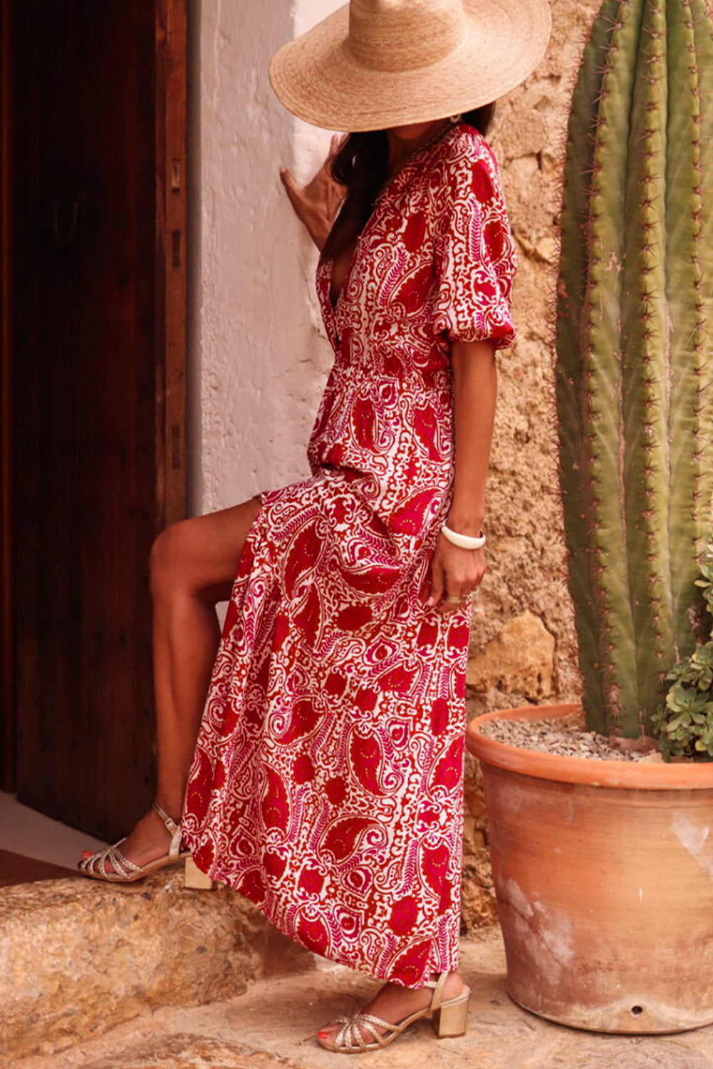 KaleaBoutique Stylish Paisley Print Side Slit Puff Sleeve High Waist Maxi Dress - KaleaBoutique.com