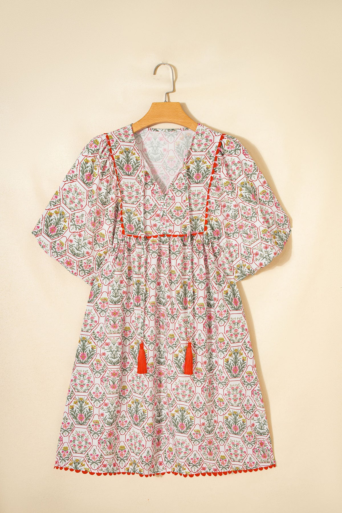KaleaBoutique Comfortable Floral Print Tassel Tie V Neck Scalloped Detail Loose Mini Dress - KaleaBoutique.com