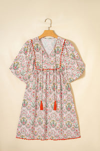 KaleaBoutique Comfortable Floral Print Tassel Tie V Neck Scalloped Detail Loose Mini Dress - KaleaBoutique.com
