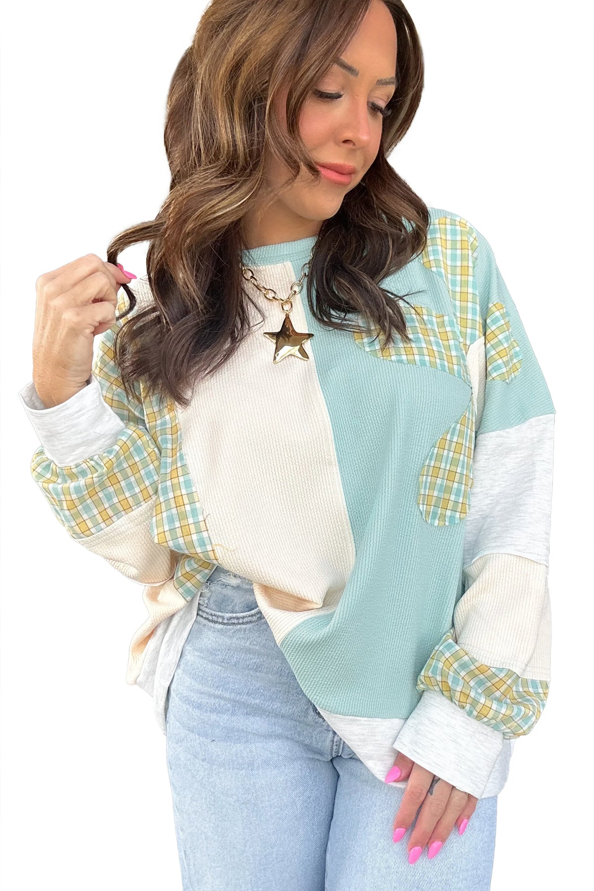 KaleaBoutique Comfortable Plaid Patchwork Round Neck Long Sleeve Top - KaleaBoutique.com