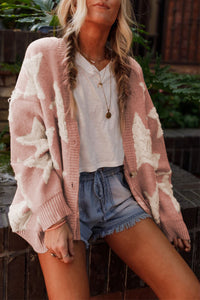 KaleaBoutique Stylish Warm Sherpa Star Pattern Textured Sweater Cardigan with Pockets - KaleaBoutique.com