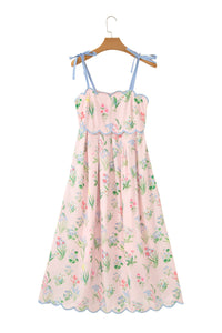 KaleaBoutique Stylish Floral Print Contrast Trim Self-tie Straps High Waist Midi Dress - KaleaBoutique.com