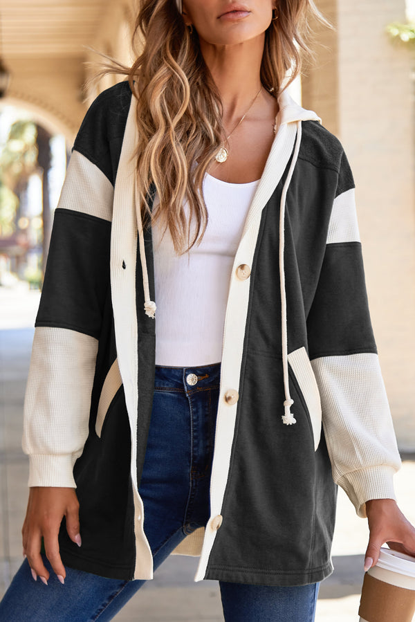 Waffle Contrast Knit Color Block Patchwork Button Front Oversize Hoodie - KaleaBoutique.com