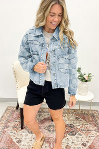 Denim Checkered Pattern Patchwork Womens Casual Jacket - KaleaBoutique.com