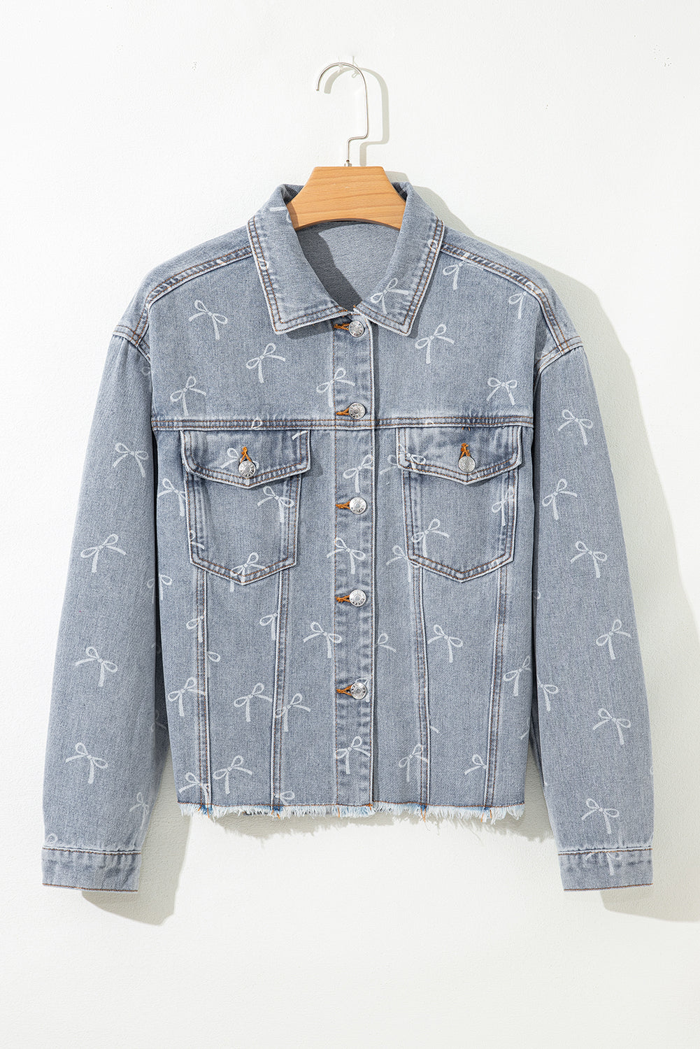 Bow Knot Print Light Wash Raw Hem Denim Jacket - KaleaBoutique.com