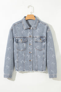 Bow Knot Print Light Wash Raw Hem Denim Jacket - KaleaBoutique.com