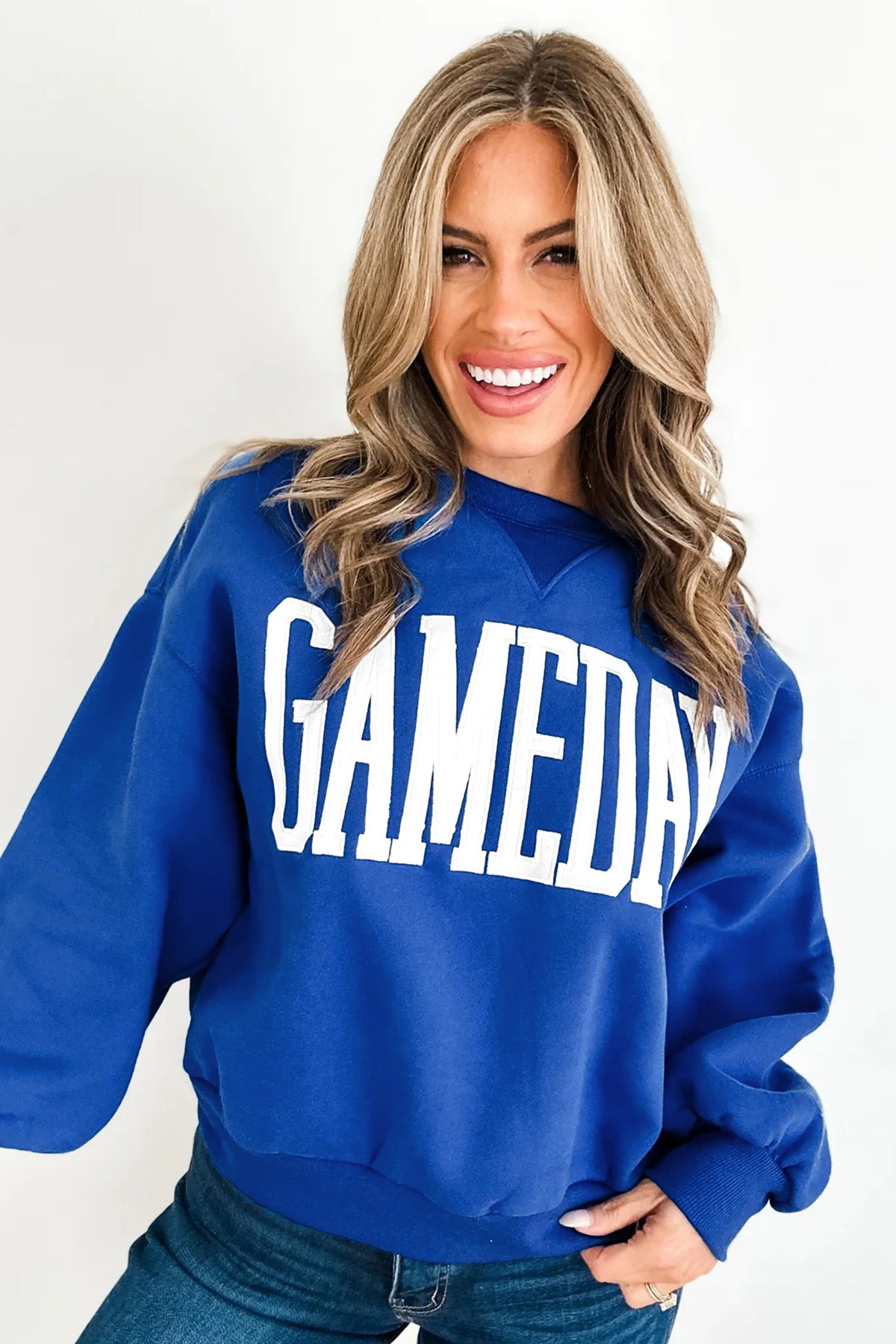 KaleaBoutique Comfortable GAMEDAY Embroidered Patch Pattern Casual Shift Sweatshirt - KaleaBoutique.com