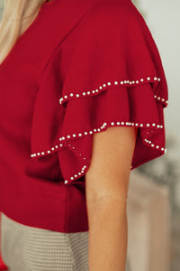 KaleaBoutique Stylish Pearl Embellished Double Ruffle Short Sleeve Sweater - KaleaBoutique.com