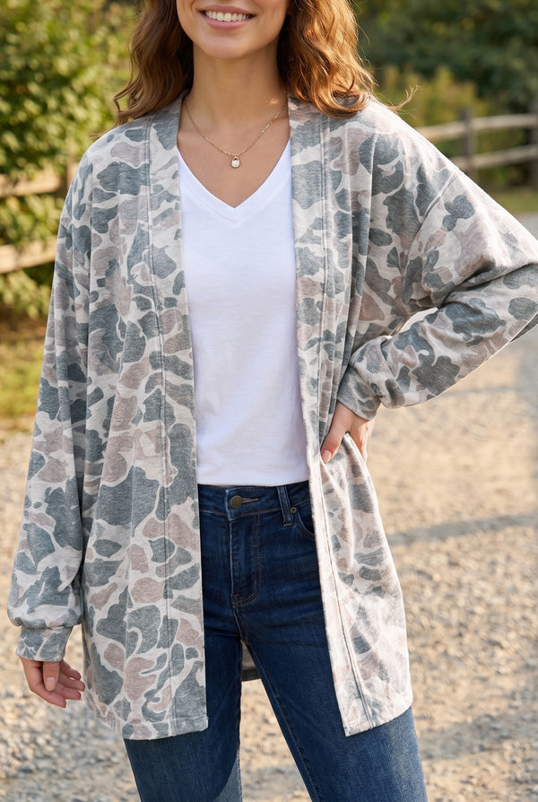 KaleaBoutique Stylish Camouflage Print Long Sleeve Open Front Tunic Cardigan - KaleaBoutique.com