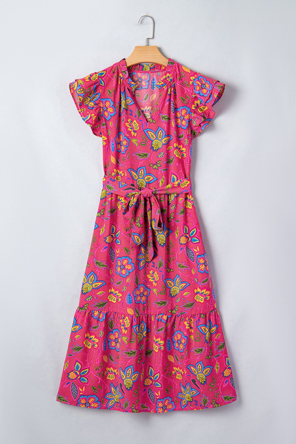 KaleaBoutique Stylish Flutter Sleeve Belted Floral Long Dress - KaleaBoutique.com