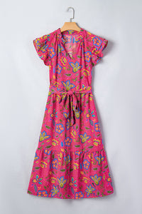 KaleaBoutique Stylish Flutter Sleeve Belted Floral Long Dress - KaleaBoutique.com