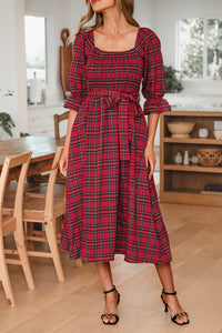 KaleaBoutique Stylish Plaid Square Neck Puff Sleeve Knot Waist Flared Midi Dress - KaleaBoutique.com