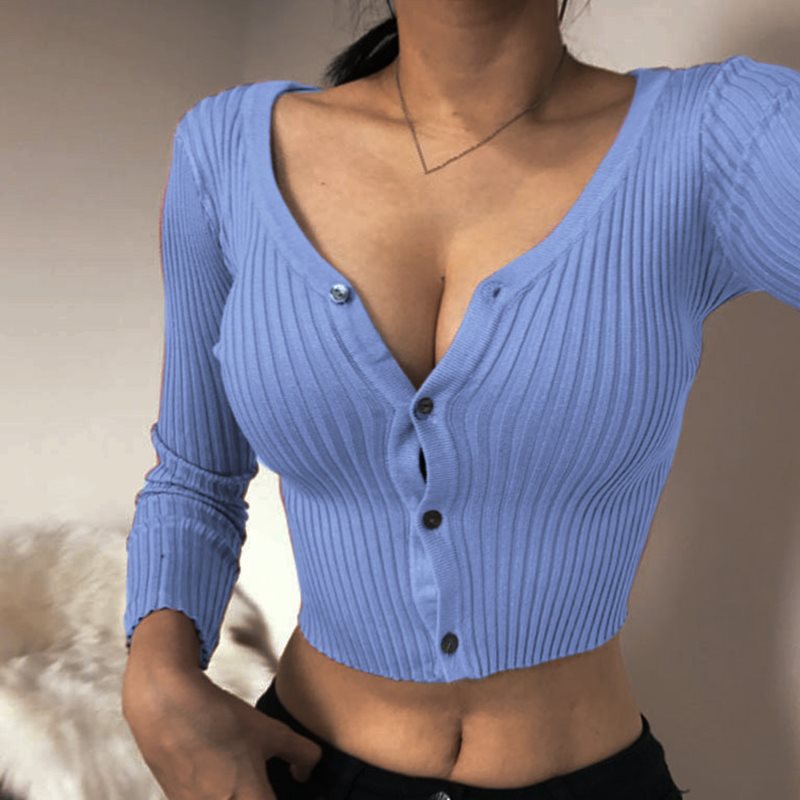 Women's Ribbed V-Neck Button-Front Cropped Cardigan - KaleaBoutique.com