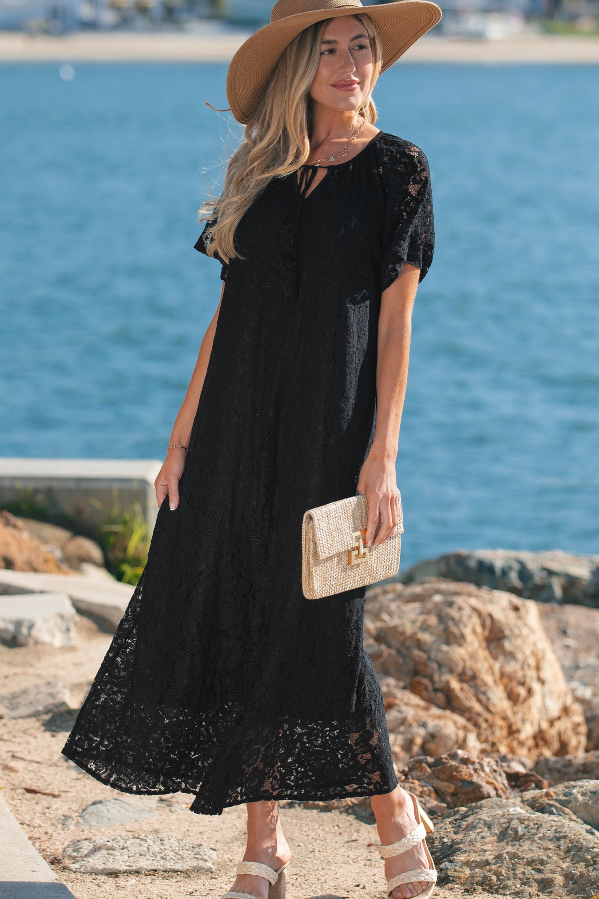 KaleaBoutique Comfortable Floral Lace Overlay Tassel Tie Short Sleeve Beach Vacation Loose Maxi Dress - KaleaBoutique.com