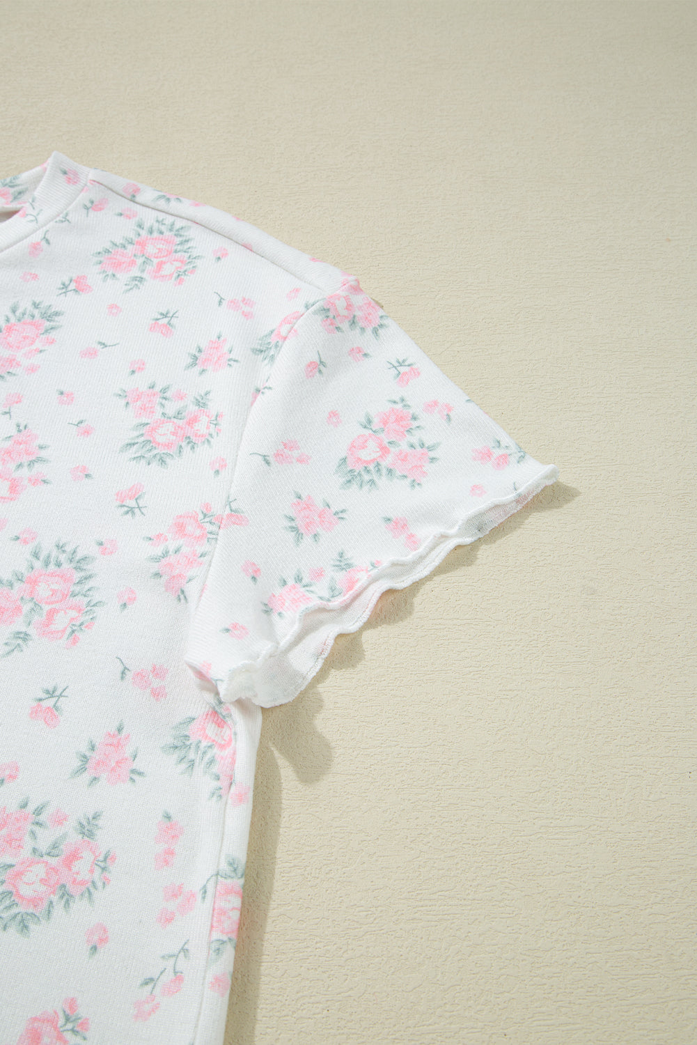 KaleaBoutique Stylish Floral Lettuce Trim Tee and Shorts Ribbed Lounge Set - KaleaBoutique.com