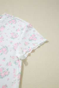 KaleaBoutique Stylish Floral Lettuce Trim Tee and Shorts Ribbed Lounge Set - KaleaBoutique.com