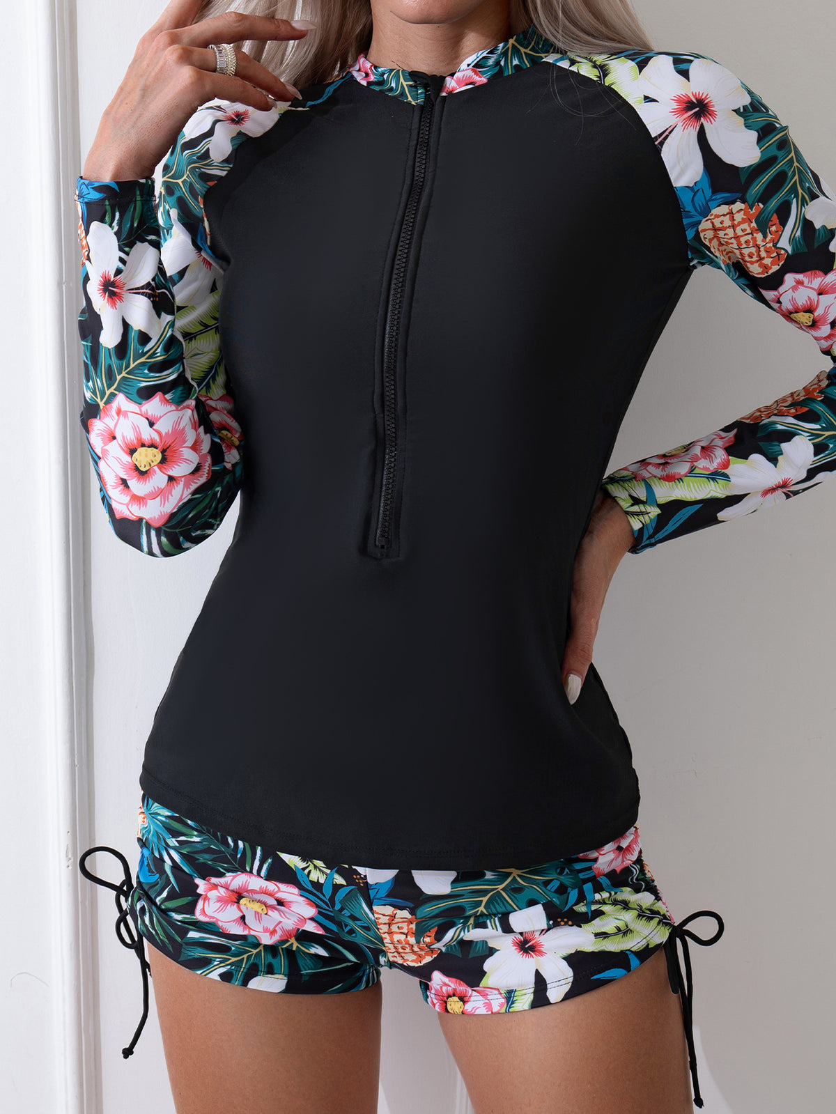 Women's Tropical Print Zip-Front Long-Sleeve Top and Shorts 2 PC Tankini Set - KaleaBoutique.com
