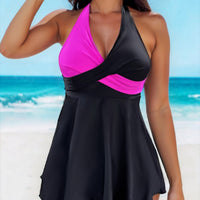 Women's Black and Pink Color Block Halter Dress 2 PC Tankini Set - KaleaBoutique.com