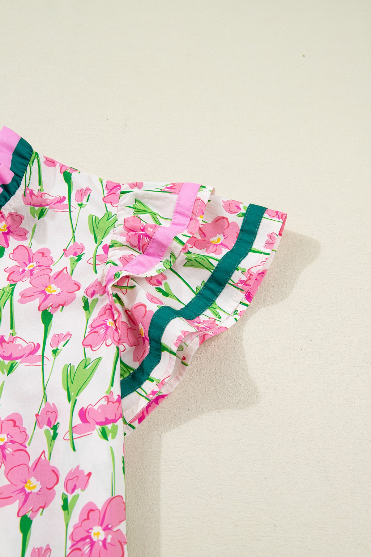 KaleaBoutique Floral Print Contrast Trim V Neck Double Ruffled Short Sleeve Blouse - KaleaBoutique.com