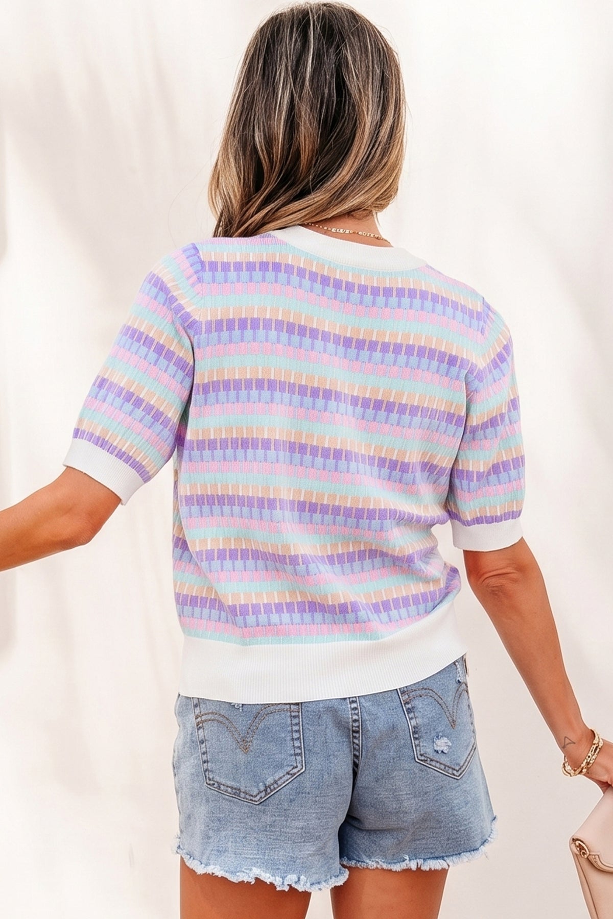 KaleaBoutique Comfortable Abstract Striped Knit Short Sleeve Sweater - KaleaBoutique.com