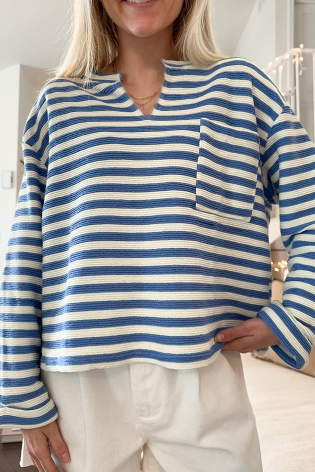 KaleaBoutique Comfortable Chest Pocket Buttoned Back Notched V Neck Top - KaleaBoutique.com