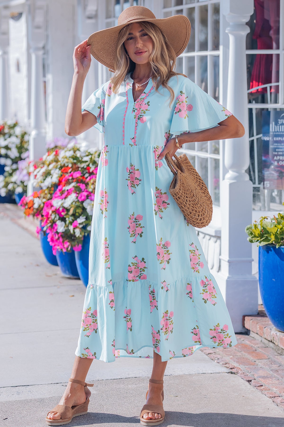 KaleaBoutique Comfortable Notched Neck Flutter Short Sleeve Floral Print Maxi Dress - KaleaBoutique.com
