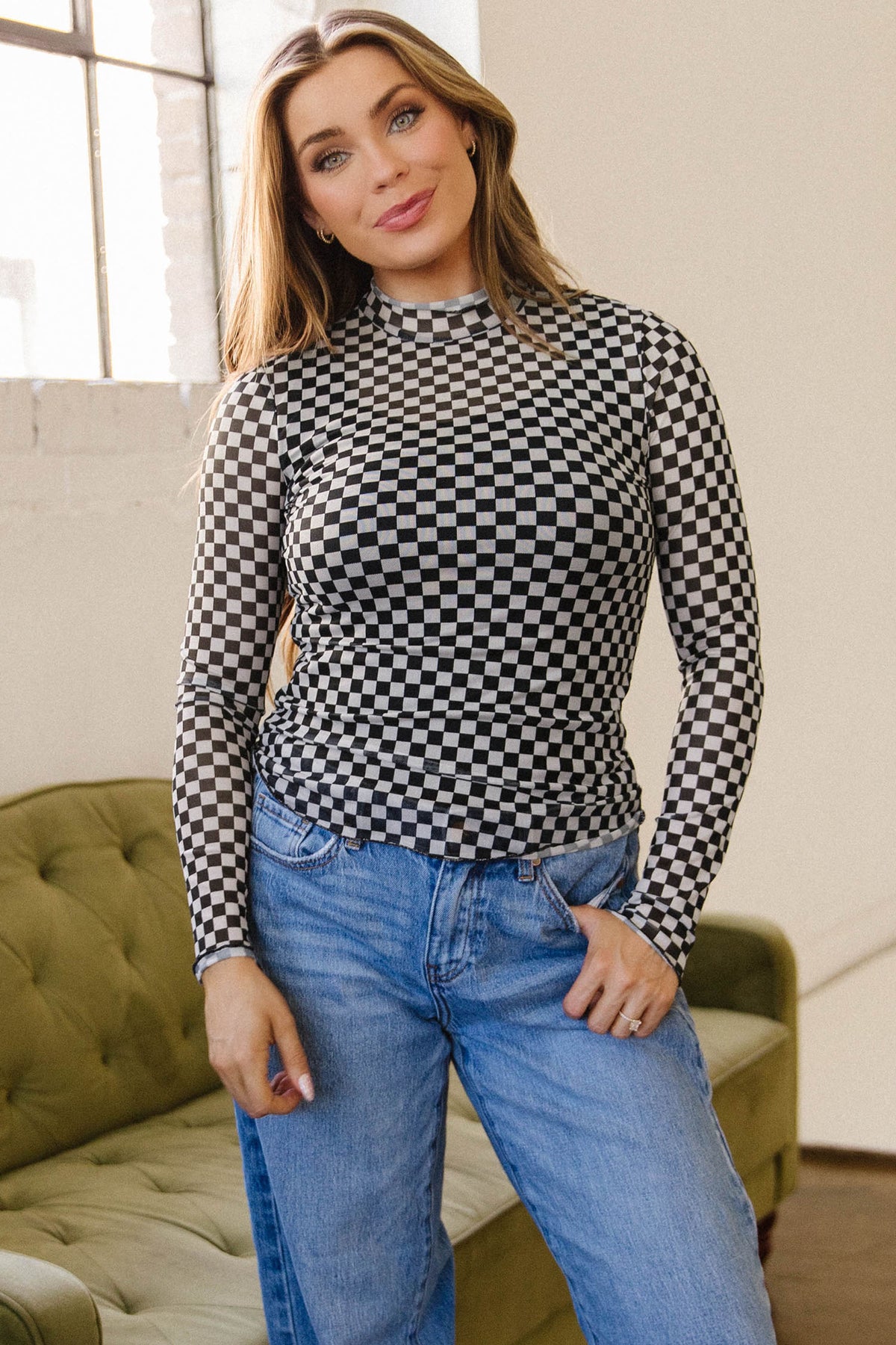 KaleaBoutique Stylish Plaid Stand Neck Long Sleeve Mesh Top - KaleaBoutique.com