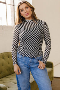 KaleaBoutique Stylish Plaid Stand Neck Long Sleeve Mesh Top - KaleaBoutique.com