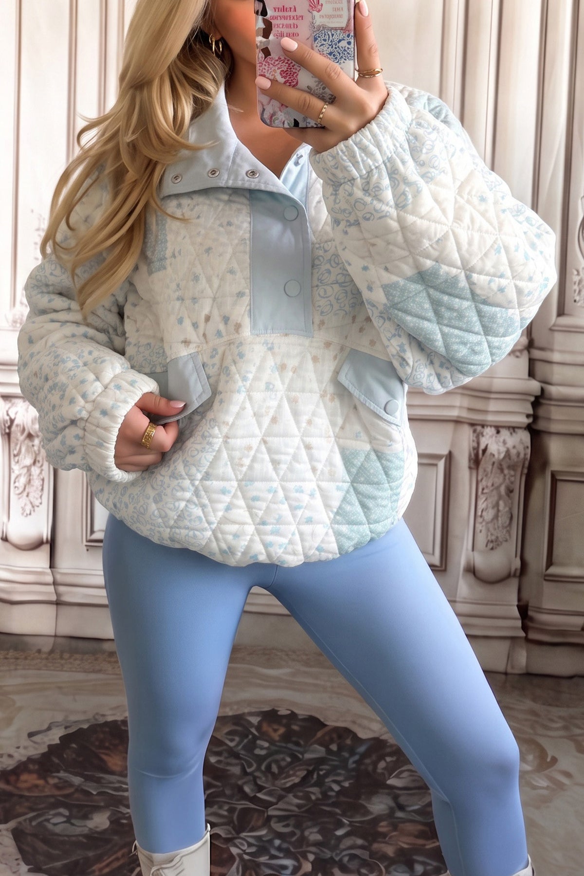 Floral Quilted Half Button Pocketed Pullover Sweatshirt - KaleaBoutique.com