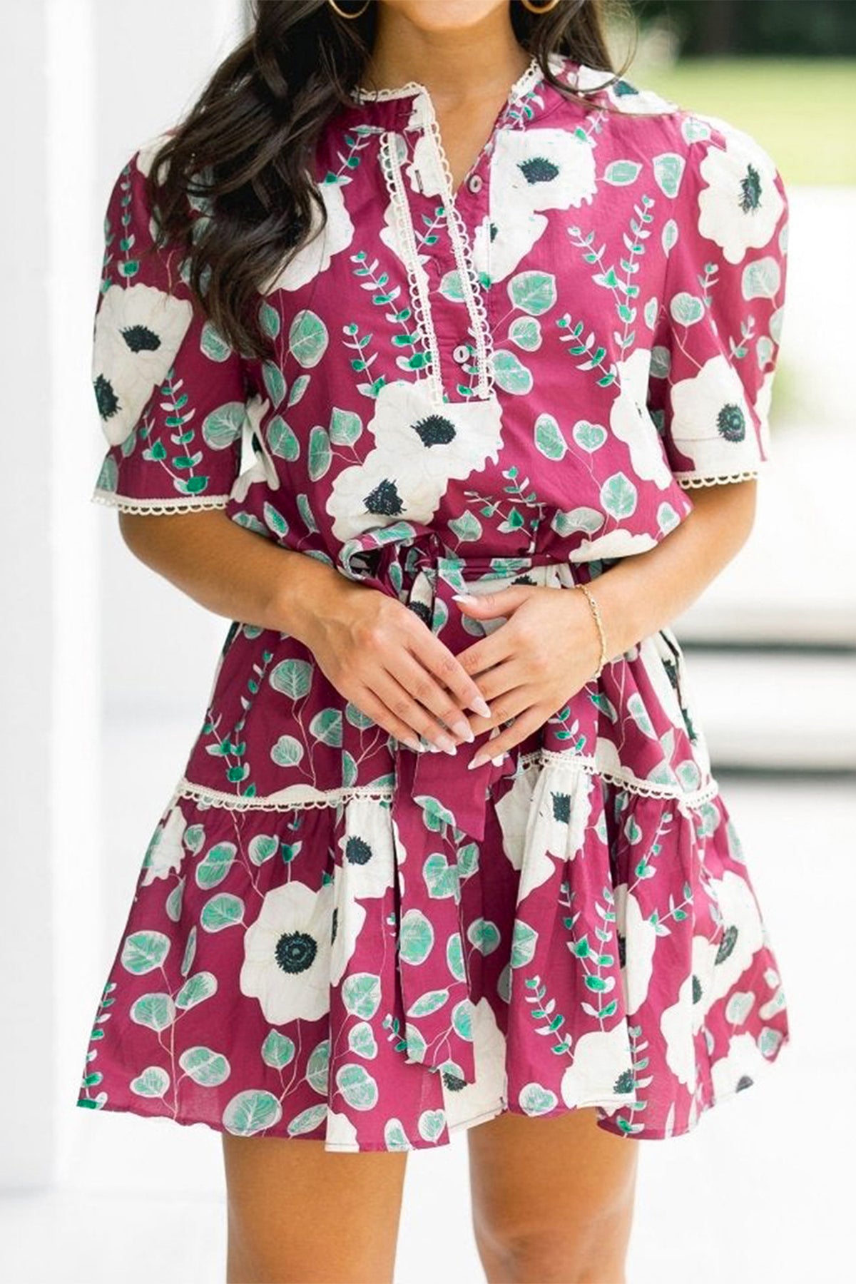 KaleaBoutique Stylish Floral Print Trimmed Short Puff Sleeve Mini Dress with Belt - KaleaBoutique.com