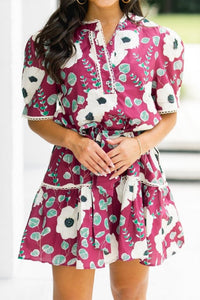 KaleaBoutique Stylish Floral Print Trimmed Short Puff Sleeve Mini Dress with Belt - KaleaBoutique.com