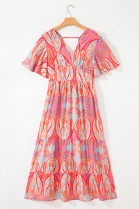 KaleaBoutique Comfortable Paisley Print V-Neck Short Sleeve Boho Maxi Dress with Ruffle Details - KaleaBoutique.com