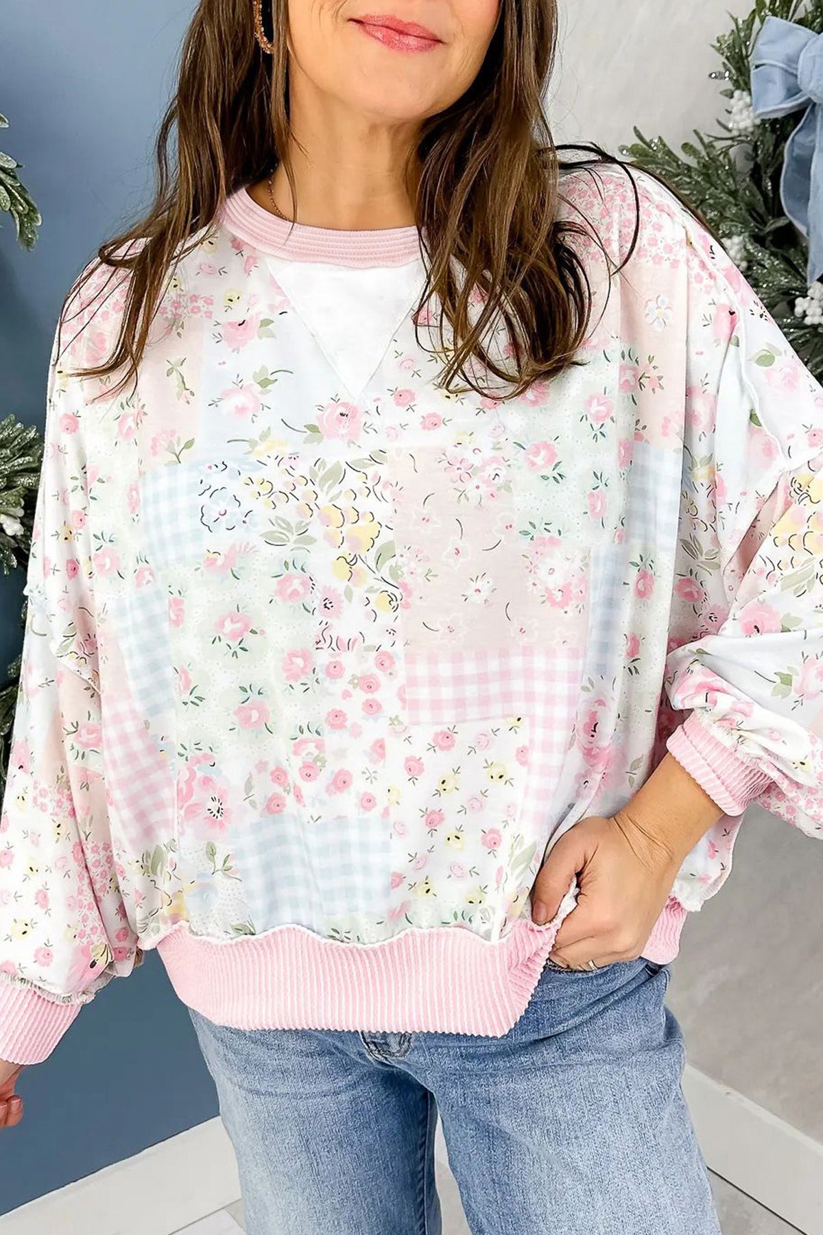 KaleaBoutique Stylish Twisted Ribbed Trim Floral Print Patchwork Long Sleeve Top - KaleaBoutique.com