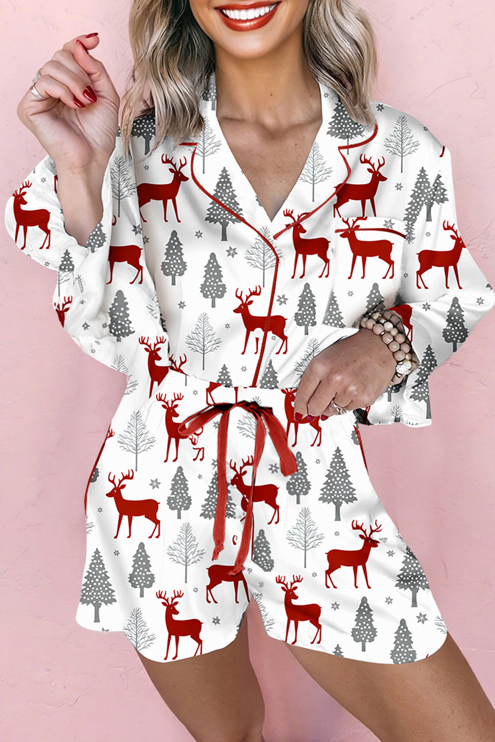 KaleaBoutique Comfortable Christmas Fashion Print Velvet Trim Bow Knot Pajama 2pcs Short Set - KaleaBoutique.com