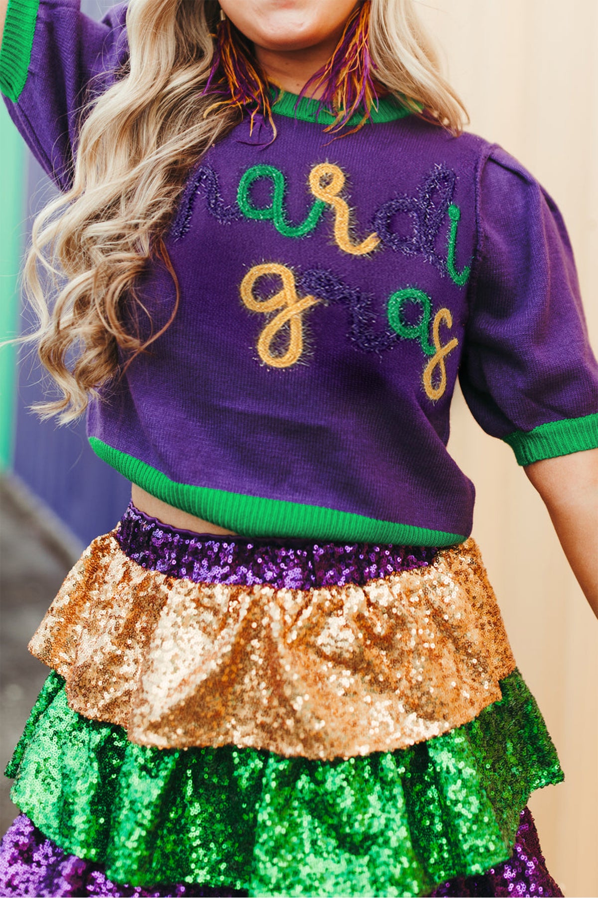 KaleaBoutique Comfortable Mardi Gras Tinsel Graphic Short Sleeve Sweater - KaleaBoutique.com