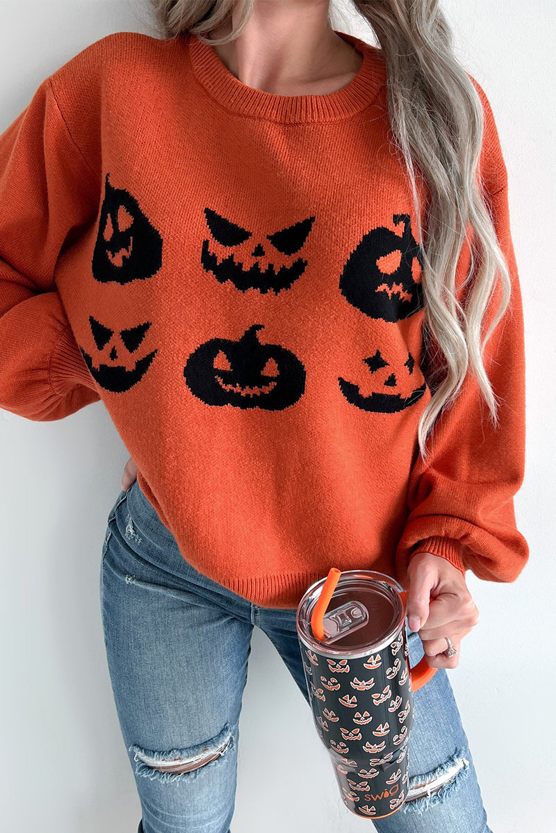 KaleaBoutique Halloween Pumpkin Face Pattern Drop Shoulder Sweater - KaleaBoutique.com