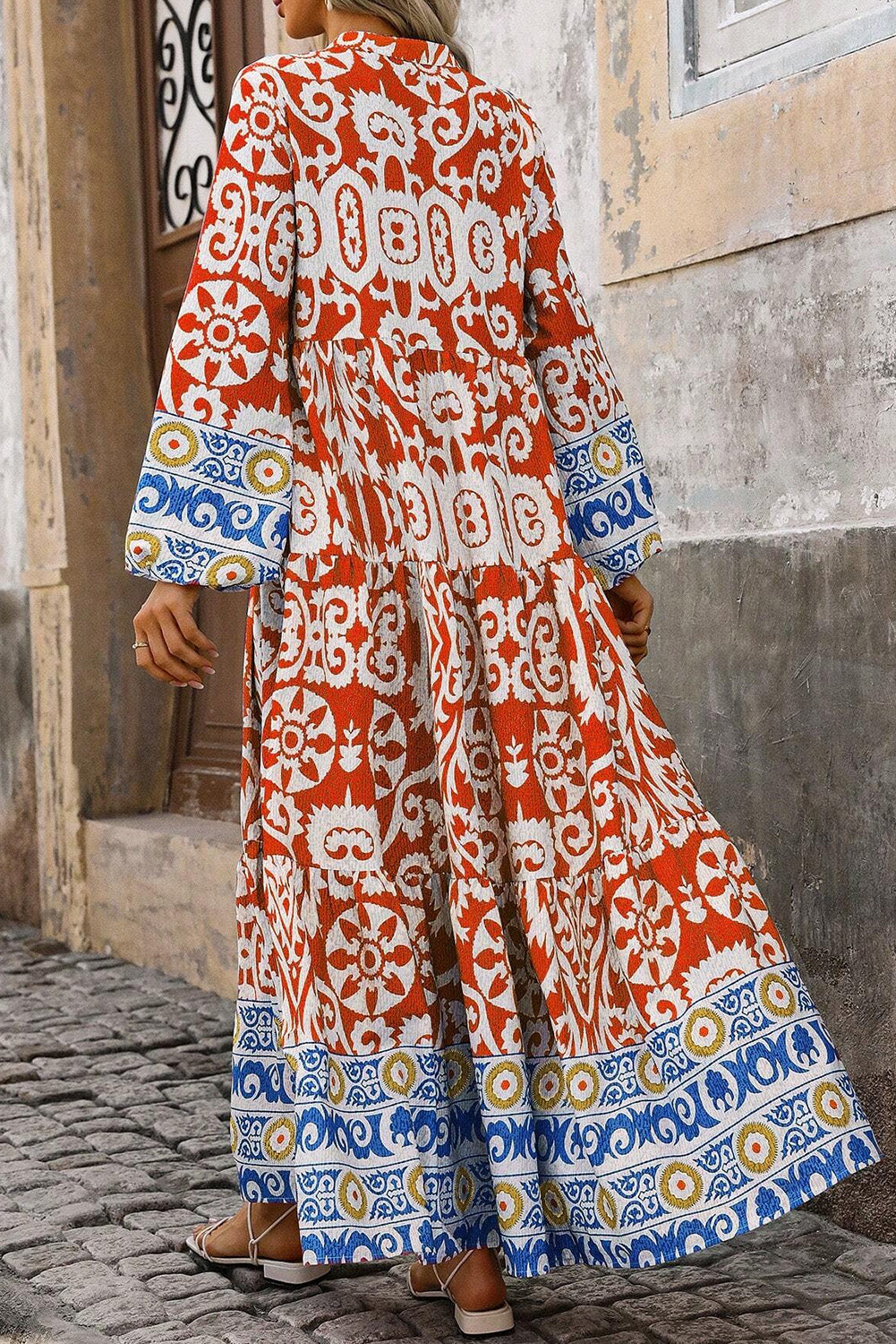 Boho Geometric Printed Long Sleeve Maxi Dress - KaleaBoutique.com