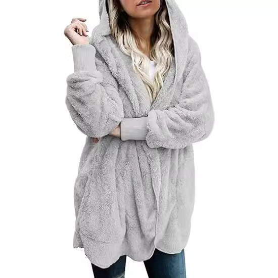 Women's Hooded Plush-Texture Longline Coat - KaleaBoutique.com