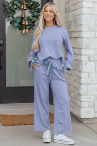 KaleaBoutique Comfortable Flounce Long Sleeve Top Drawstring Pants Contrast Velvet Bow Knot 2pcs Lounge Set - KaleaBoutique.com