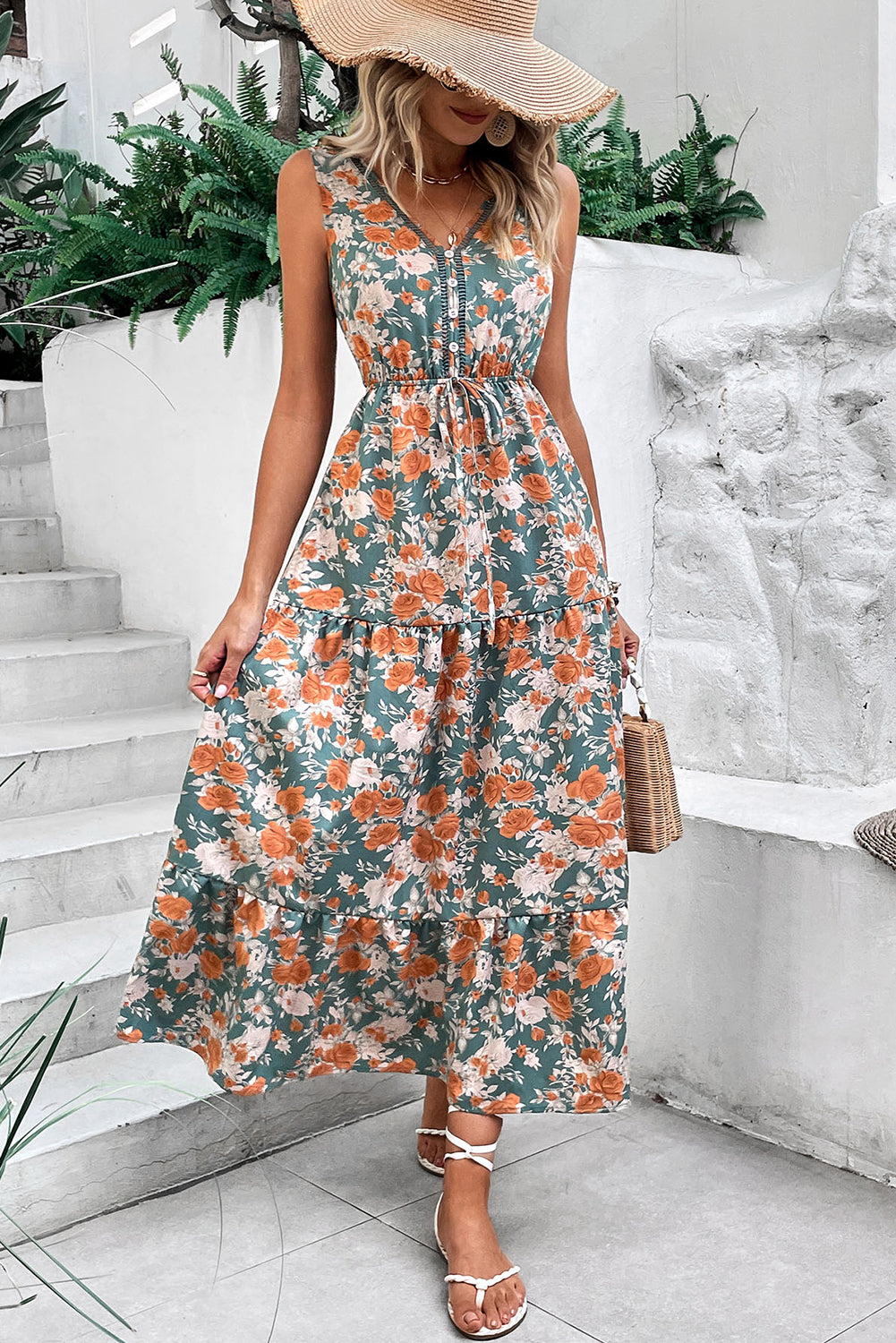 KaleaBoutique Stylish Floral Print Trimmed V Neck Tie Waist Sleeveless Holiday Long Dress - KaleaBoutique.com