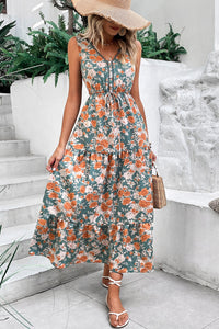 KaleaBoutique Stylish Floral Print Trimmed V Neck Tie Waist Sleeveless Holiday Long Dress - KaleaBoutique.com