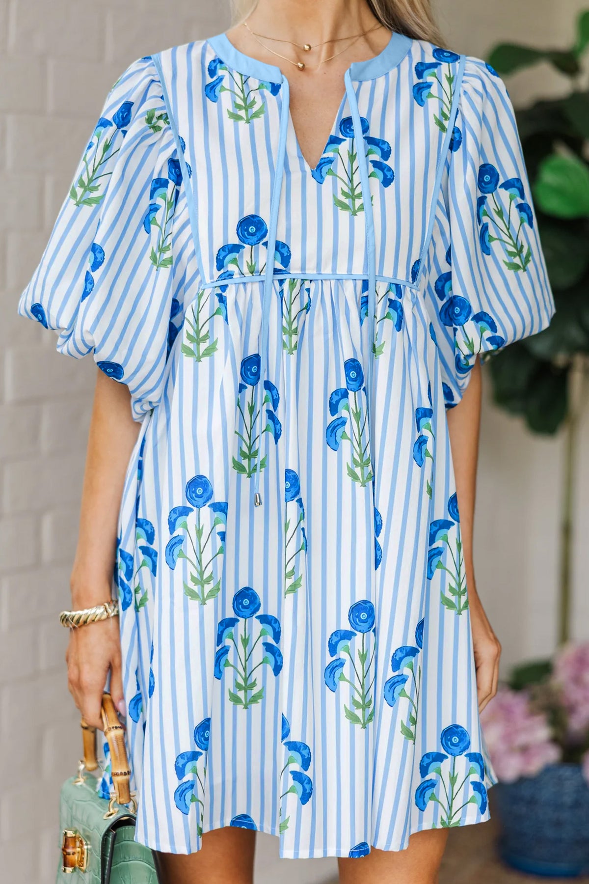 KaleaBoutique Comfortable Floral Striped Print Tie Notched Neck Puff Sleeve Flared Mini Dress - KaleaBoutique.com