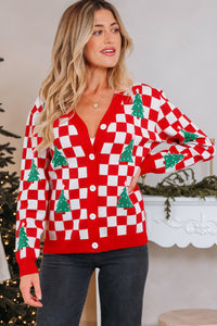 KaleaBoutique Comfortable Checkered Christmas Tree Pattern Button V Neck Cardigan Sweater - KaleaBoutique.com