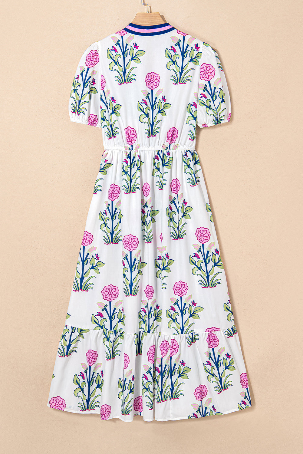 Floral Puff Short Sleeve V Neck High Waist Maxi Dress - KaleaBoutique.com