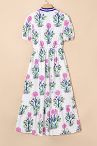 Floral Puff Short Sleeve V Neck High Waist Maxi Dress - KaleaBoutique.com