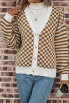 Checkered Striped Patched Buttoned V Neck Cardigan - KaleaBoutique.com