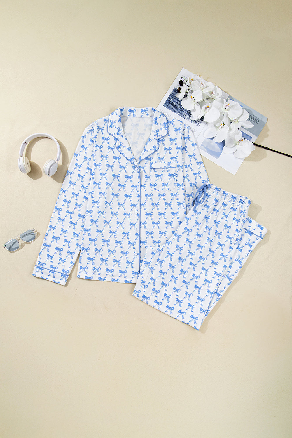 KaleaBoutique Stylish Bow Print Long Sleeve Shirt and Pants Soft Pajama Set - KaleaBoutique.com