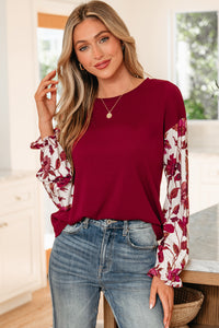Contrast Floral Sleeve Solid Ribbed Body Patchwork Long Sleeve Top - KaleaBoutique.com