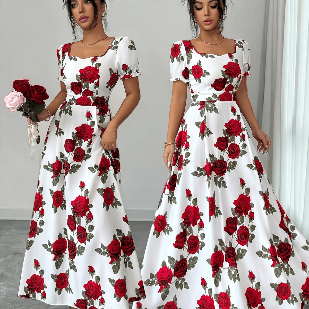 Elegant Vintage Rose-print Puff-sleeve Maxi Dress - KaleaBoutique.com