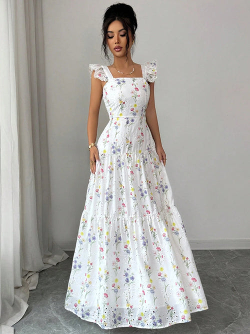 Women's Floral Square-Neck Ruffle-Strap Smocked Back Tiered Maxi Dress - KaleaBoutique.com